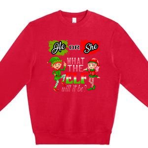 Christmas Gender Reveal He Or She What The Elf Will It Be Meaningful Gift Premium Crewneck Sweatshirt