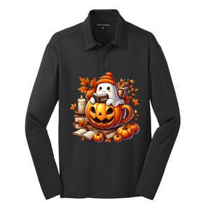 Cute Ghost Reading Book Lovers Halloween Autumn Ghost Coffee Silk Touch Performance Long Sleeve Polo