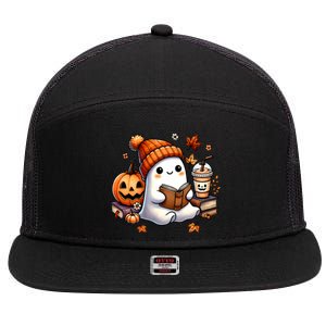 Cute Ghost Reading Book Lovers Halloween Ghost Coffee Women 7 Panel Mesh Trucker Snapback Hat