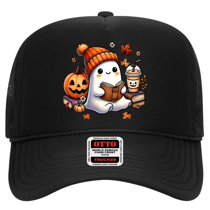 Cute Ghost Reading Book Lovers Halloween Ghost Coffee Women High Crown Mesh Back Trucker Hat