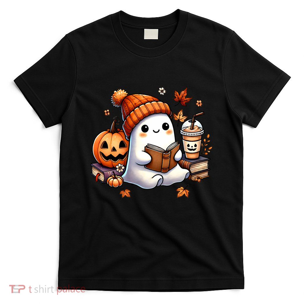 Cute Ghost Reading Book Lovers Halloween Ghost Coffee Women T-Shirt