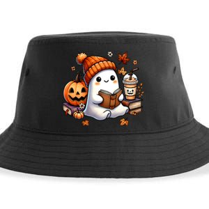 Cute Ghost Reading Book Lovers Halloween Ghost Coffee Women Sustainable Bucket Hat