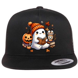 Cute Ghost Reading Book Lovers Halloween Ghost Coffee Women Flat Bill Trucker Hat