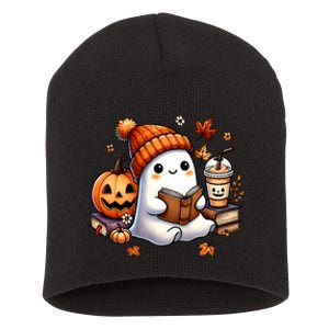 Cute Ghost Reading Book Lovers Halloween Ghost Coffee Women Short Acrylic Beanie