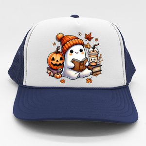 Cute Ghost Reading Book Lovers Halloween Ghost Coffee Women Trucker Hat