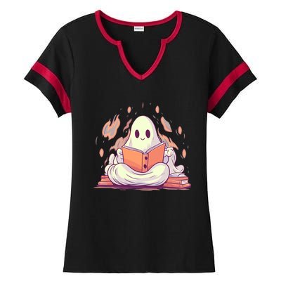 Cute Ghost Reading Books Meaningful Gift Ladies Halftime Notch Neck Tee