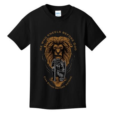 Christian Gifts Religious Kneeling Warrior Lion Of Judah Kids T-Shirt