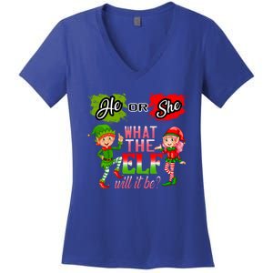 Christmas Gender Reveal He Or She What The Elf Will It Be Gift Women's V-Neck T-Shirt