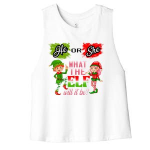 Christmas Gender Reveal He Or She What The Elf Will It Be Gift Women's Racerback Cropped Tank