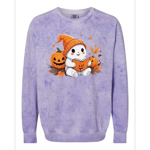 Cute Ghost Reading Books Funny Autumn Halloween Colorblast Crewneck Sweatshirt