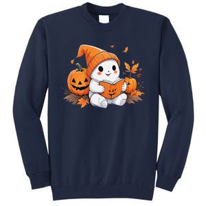 Cute Ghost Reading Books Funny Autumn Halloween Tall Sweatshirt