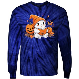 Cute Ghost Reading Books Funny Autumn Halloween Tie-Dye Long Sleeve Shirt