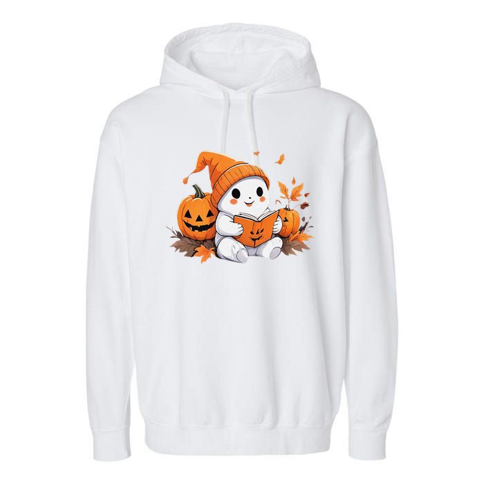 Cute Ghost Reading Books Funny Autumn Halloween Garment-Dyed Fleece Hoodie