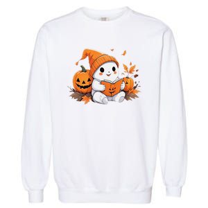 Cute Ghost Reading Books Funny Autumn Halloween Garment-Dyed Sweatshirt