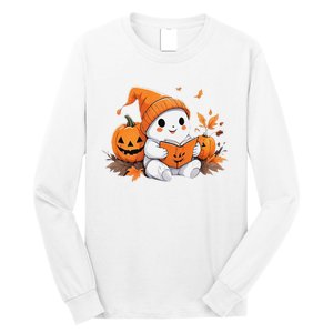 Cute Ghost Reading Books Funny Autumn Halloween Long Sleeve Shirt