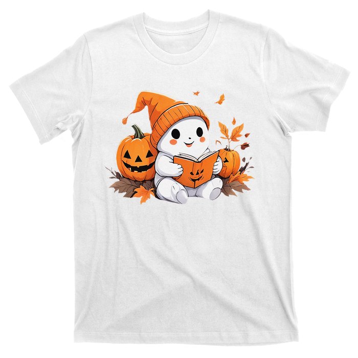 Cute Ghost Reading Books Funny Autumn Halloween T-Shirt