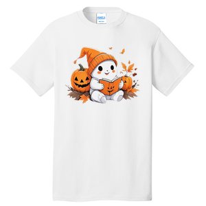 Cute Ghost Reading Books Funny Autumn Halloween Tall T-Shirt