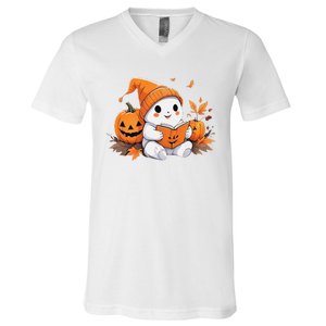 Cute Ghost Reading Books Funny Autumn Halloween V-Neck T-Shirt