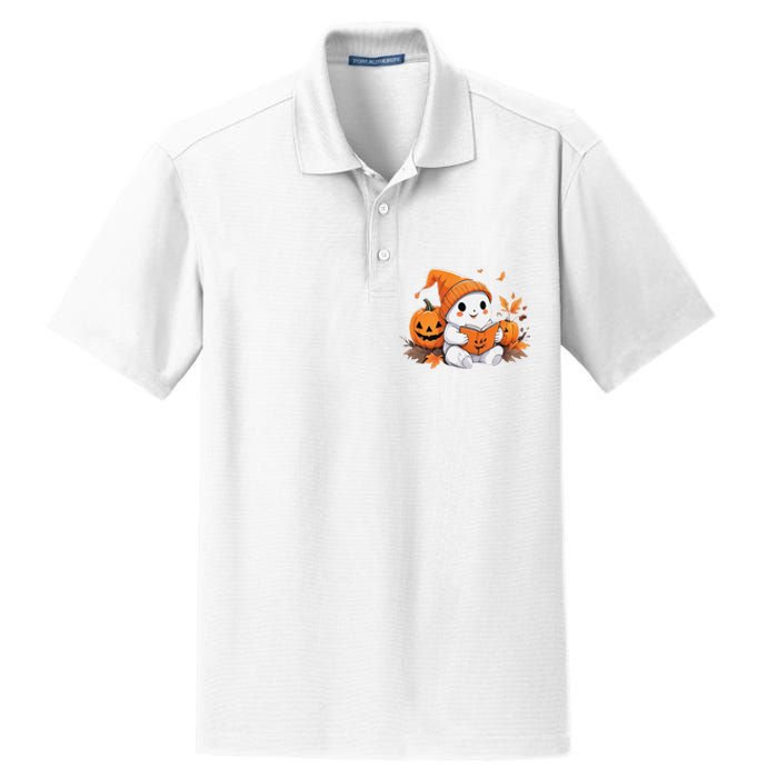 Cute Ghost Reading Books Funny Autumn Halloween Dry Zone Grid Polo