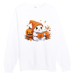 Cute Ghost Reading Books Funny Autumn Halloween Premium Crewneck Sweatshirt