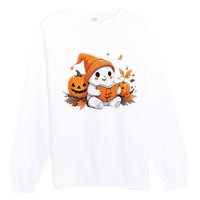 Cute Ghost Reading Books Funny Autumn Halloween Premium Crewneck Sweatshirt