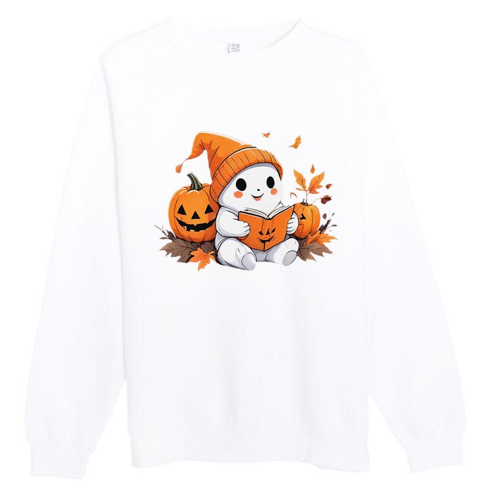 Cute Ghost Reading Books Funny Autumn Halloween Premium Crewneck Sweatshirt