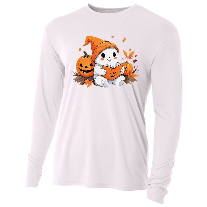 Cute Ghost Reading Books Funny Autumn Halloween Cooling Performance Long Sleeve Crew