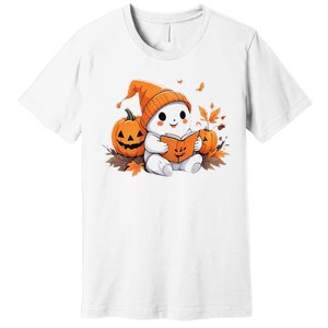 Cute Ghost Reading Books Funny Autumn Halloween Premium T-Shirt