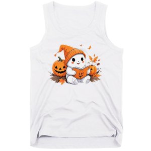 Cute Ghost Reading Books Funny Autumn Halloween Tank Top