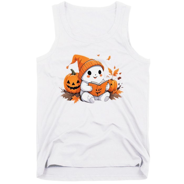 Cute Ghost Reading Books Funny Autumn Halloween Tank Top