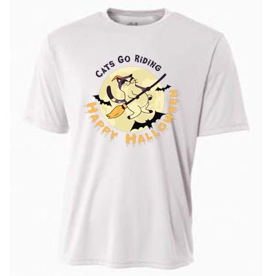 Cats Go Riding Happy Halloween Quotes Wich Brrom Bats Catoween Cooling Performance Crew T-Shirt