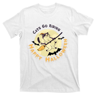 Cats Go Riding Happy Halloween Quotes Wich Brrom Bats Catoween T-Shirt