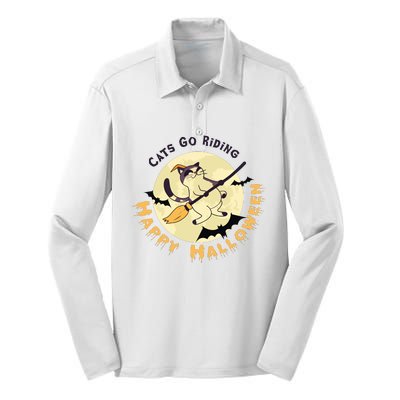 Cats Go Riding Happy Halloween Quotes Wich Brrom Bats Catoween Silk Touch Performance Long Sleeve Polo