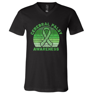 CP Green Ribbon Retro Sunset Cerebral Palsy Awareness V-Neck T-Shirt