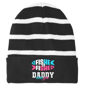 Cute Gender Reveal Ideas Fishe Or Fishe Daddy Loves You Fishing Striped Beanie with Solid Band