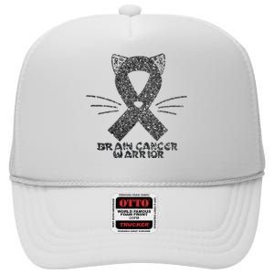 Cat Gray Ribbon Brain Cancer Awareness Warrior Cat Lover I Wear Gray High Crown Mesh Back Trucker Hat