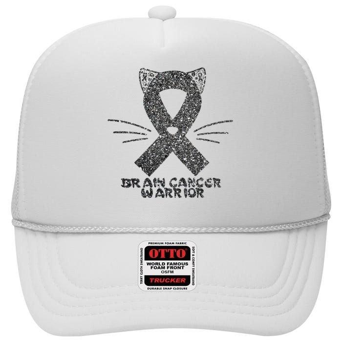 Cat Gray Ribbon Brain Cancer Awareness Warrior Cat Lover I Wear Gray High Crown Mesh Back Trucker Hat