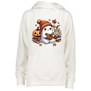 Cute Ghost Reading Book Lovers Halloween Ghost Coffee Women Womens Funnel Neck Pullover Hood