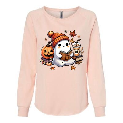 Cute Ghost Reading Book Lovers Halloween Ghost Coffee Women Womens California Wash Sweatshirt