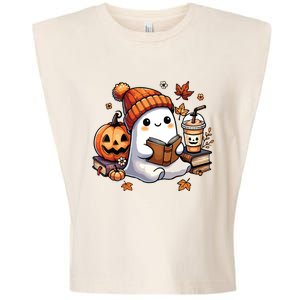 Cute Ghost Reading Book Lovers Halloween Ghost Coffee Women Garment-Dyed Women's Muscle Tee