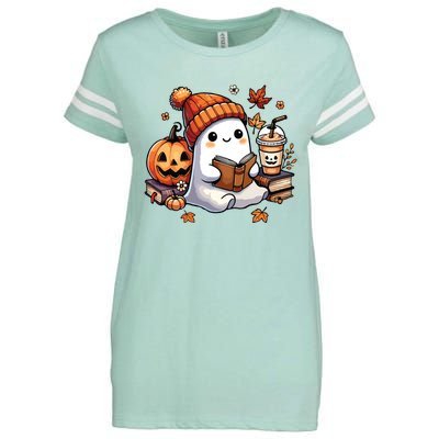 Cute Ghost Reading Book Lovers Halloween Ghost Coffee Women Enza Ladies Jersey Football T-Shirt