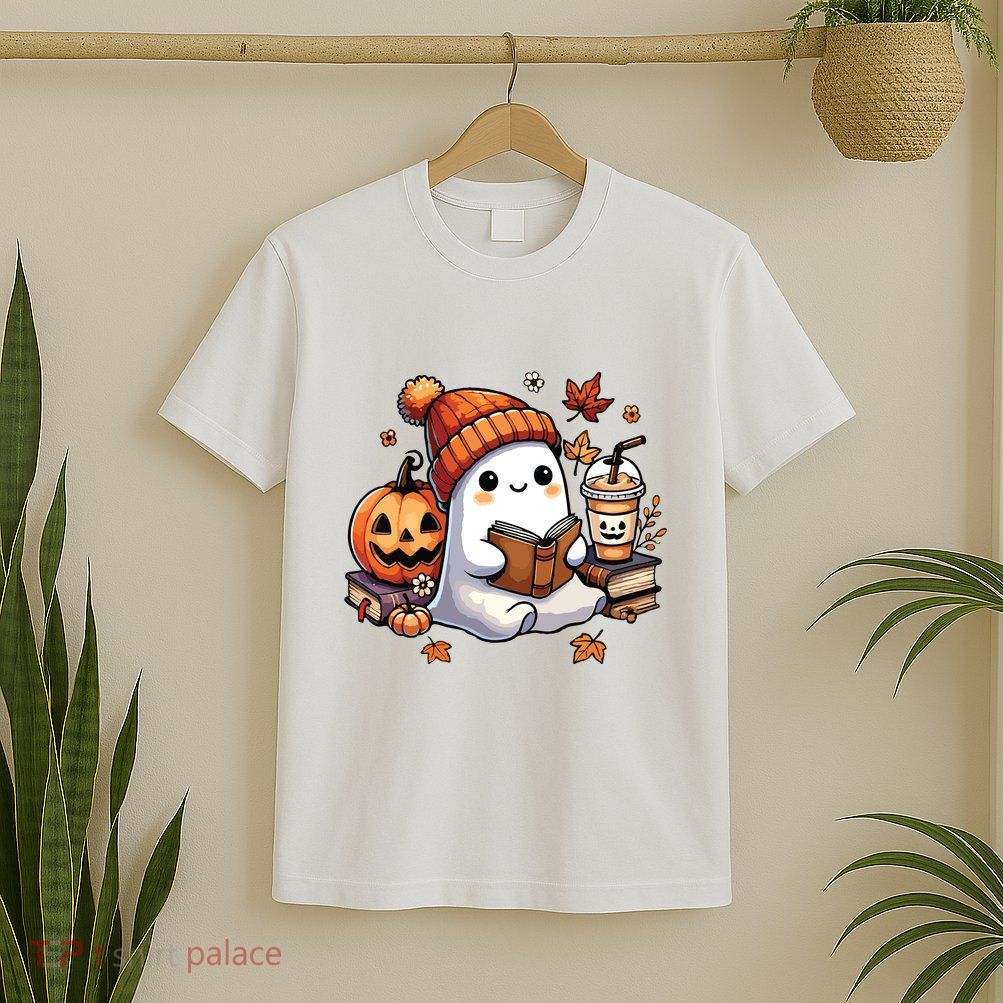 Cute Ghost Reading Book Lovers Halloween Ghost Coffee Women T-Shirt