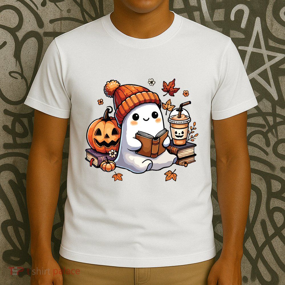 Cute Ghost Reading Book Lovers Halloween Ghost Coffee Women T-Shirt