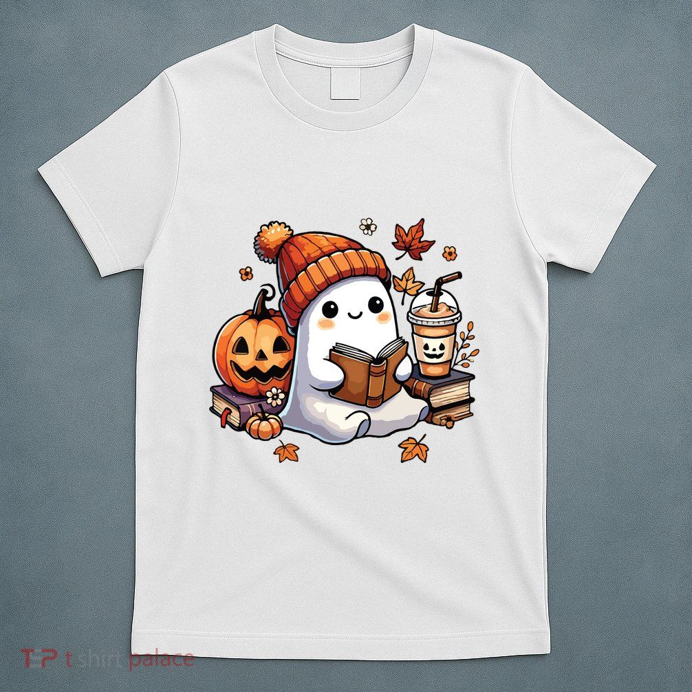 Cute Ghost Reading Book Lovers Halloween Ghost Coffee Women T-Shirt