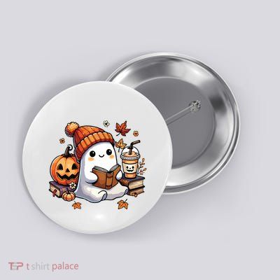 Cute Ghost Reading Book Lovers Halloween Ghost Coffee Women Button