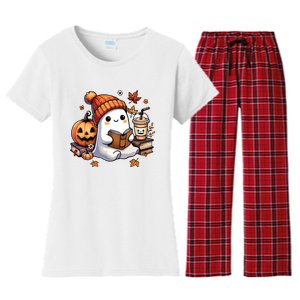 Cute Ghost Reading Book Lovers Halloween Ghost Coffee Women Women's Flannel Pajama Set