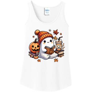 Cute Ghost Reading Book Lovers Halloween Ghost Coffee Women Ladies Essential Tank