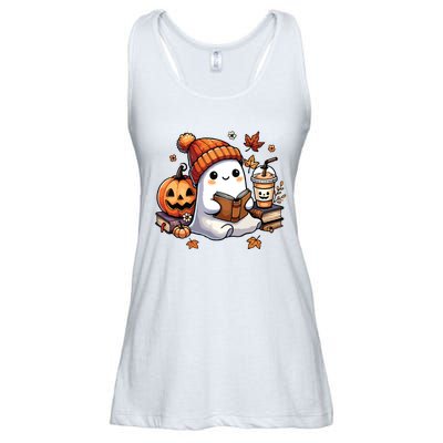 Cute Ghost Reading Book Lovers Halloween Ghost Coffee Women Ladies Essential Flowy Tank