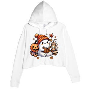 Cute Ghost Reading Book Lovers Halloween Ghost Coffee Women Crop Fleece Hoodie