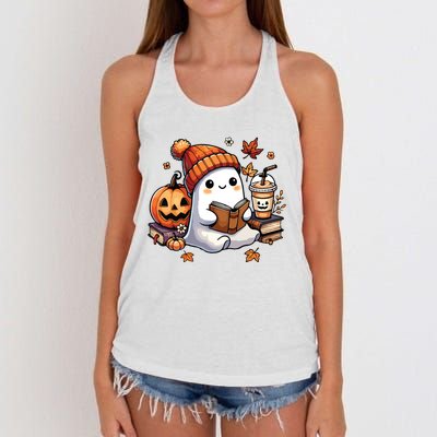 Cute Ghost Reading Book Lovers Halloween Ghost Coffee Women Women's Knotted Racerback Tank